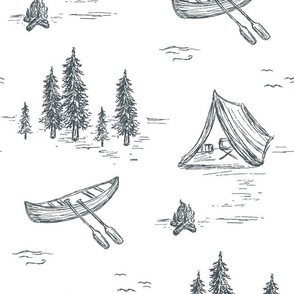 Lake Life Toile in Navy & White for Forest Theme Home Decor & Wallpaper