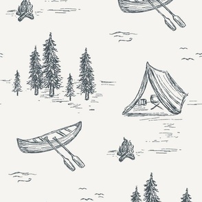 Lake Life Toile in Navy & Ivory for Forest Theme Home Decor & Wallpaper