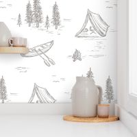 Lake Life Toile in Grey & White for Forest Theme Home Decor & Wallpaper