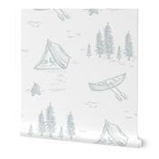 Lake Life Toile in Light Blue & White for Forest Theme Home Decor & Wallpaper