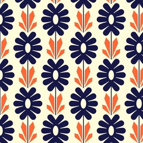 0959 - retro daisies, white / navy / orange