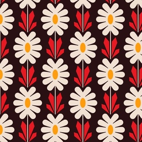 0960 - retro daisies, dark red / yellow