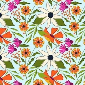 Light Blue Spring Wildflower Floral with Accents of Fuschia and Orange