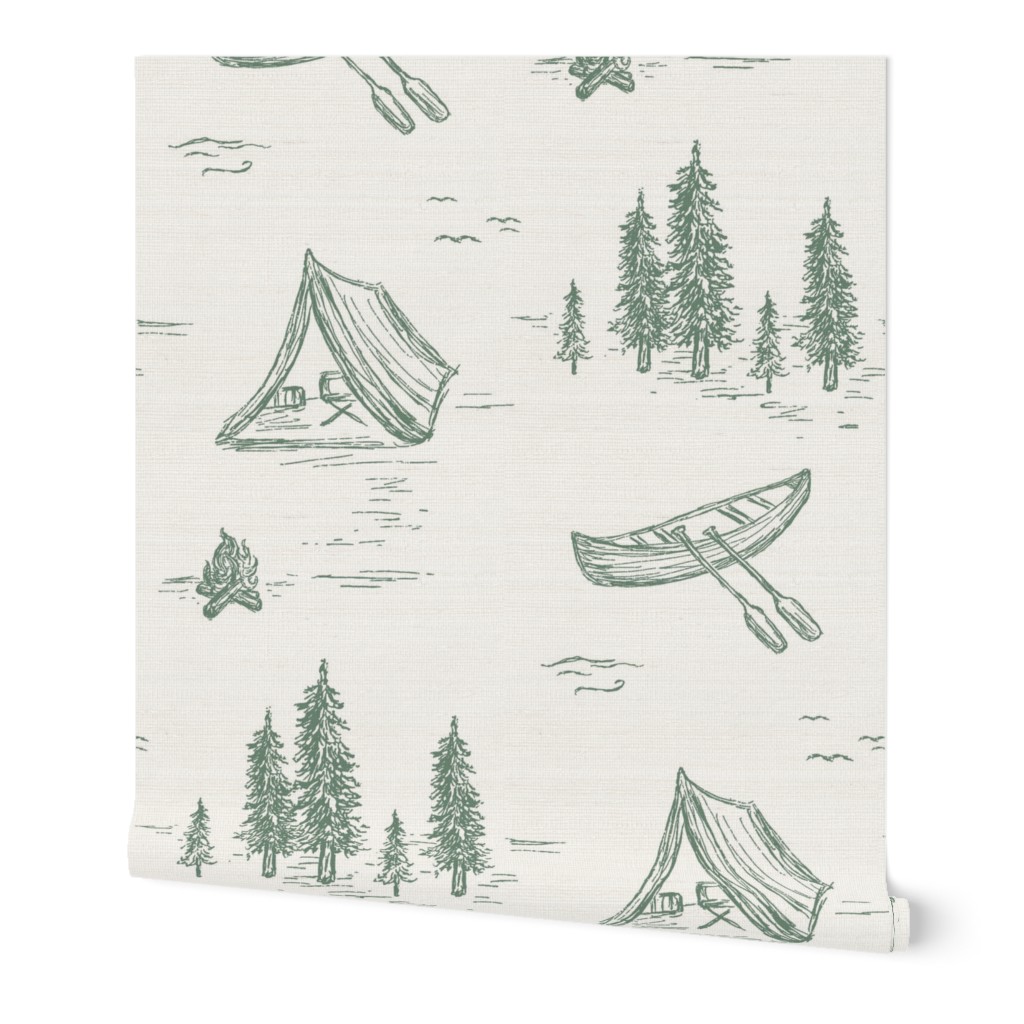 Lake Life Toile in Green & White | Camping Theme Home Decor & Wallpaper
