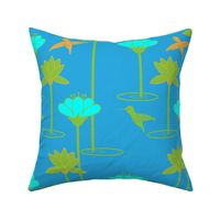 Hummingbird Lotus Waterfall  Bold Minimalist, Teal, Green, Orange