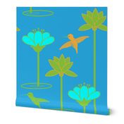 Hummingbird Lotus Waterfall  Bold Minimalist, Teal, Green, Orange