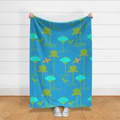 Hummingbird Lotus Waterfall  Bold Minimalist, Teal, Green, Orange