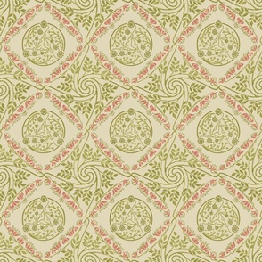Swirly Art Nouveau floral pattern, pink, greens, and cream