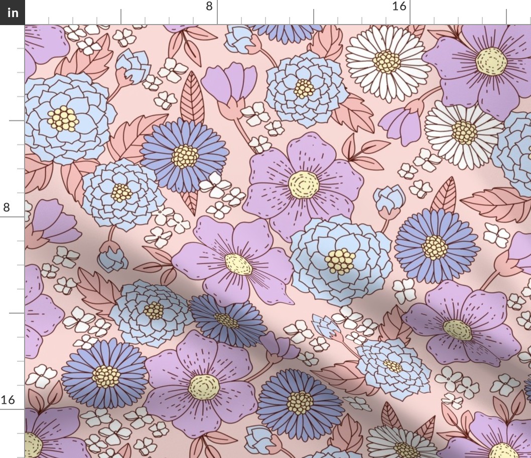 70s retro floral - hippie floral fabric purple