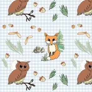 Owl and Fox Blue Gingham  - forest animals - boy nursery