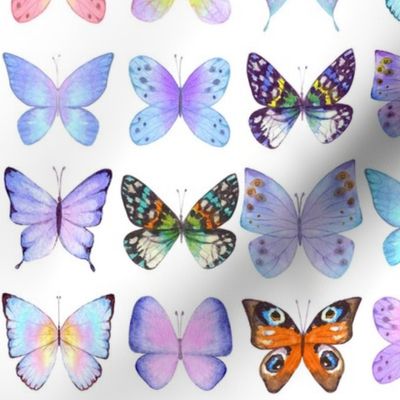 Botanical summer pattern with colorful watercolor butterflies