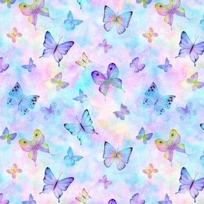 Botanical summer pattern with colorful watercolor butterflies