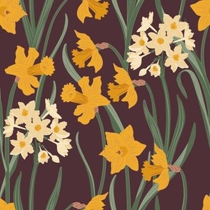 Medium Art Nouveau Narcissus and Daffodil Garden with Brown Background