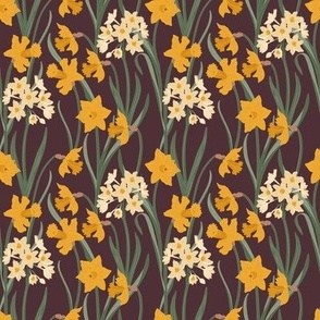 Small Art Nouveau Narcissus and Daffodil Garden with Brown Background