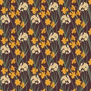 Mini Art Nouveau Narcissus and Daffodil Garden with Brown Background