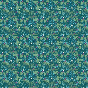 Virginia Bluebells with Wild Geraniums Teal William Morris style