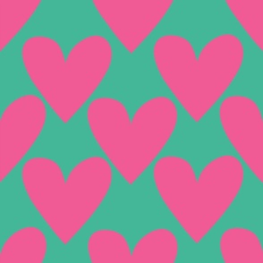 Pink heart on green background seamless pattern