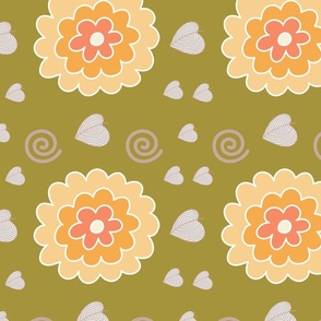 Yellow flowers seamless pattern on green background.