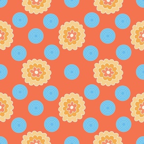 Geometric floral seamless pattern on orange background.