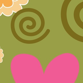 Flowers, hearts and spirals on summer green background.