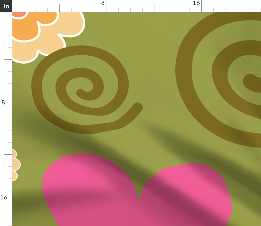 Flowers, hearts and spirals on summer green background.