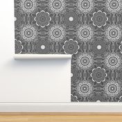  Mandala, ethnic and swirl pattern, grey background.