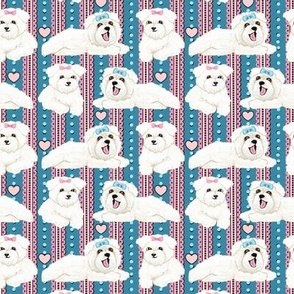 Bolognese dog or white puppy fabric with hearts and stripes in pink and blue