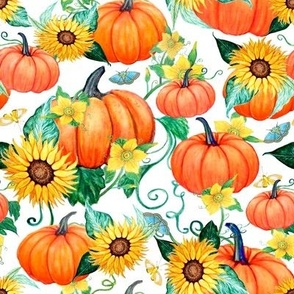 Pumpkin and sunflower watercolor autumn floral with blue moths