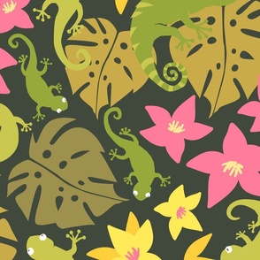 Jungle Floral and  Lizards Jumbo - Dark Green