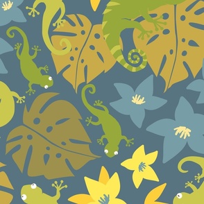 Jungle Floral and Lizards Jumbo - Blue and Yellow