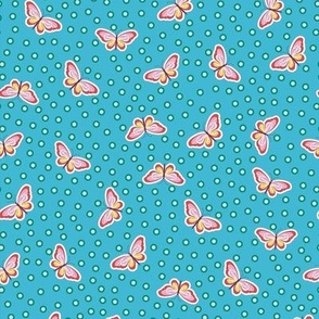  Pink and red butterflies flying in blue sky on a delightful spring day - mid size