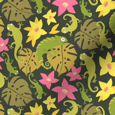 Jungle Floral and  Lizards - Dark Green