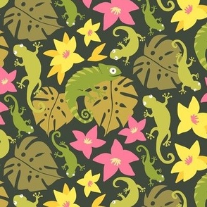 Jungle Floral and  Lizards - Dark Green