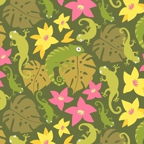 Jungle Floral and  Lizards - Green