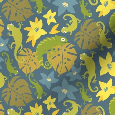 Jungle Floral and Lizards - Blue and Yellow