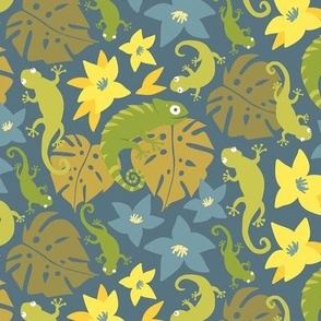 Jungle Floral and Lizards - Blue and Yellow