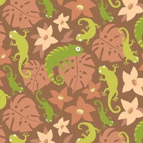 Jungle Floral and Lizards - Brown