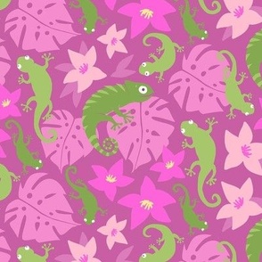 Jungle Floral and Lizards - Magenta