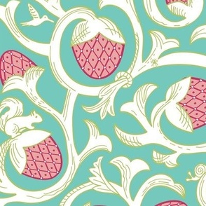 Victorian Maximalism Toile Vines - teal and coral - large scale