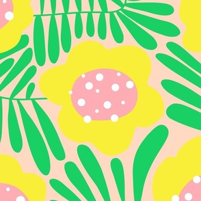 Climbing Flowers V4: Pastel Sunshine Abstract Retro Floral Flower Power in Yellow, Pink and Green - XL