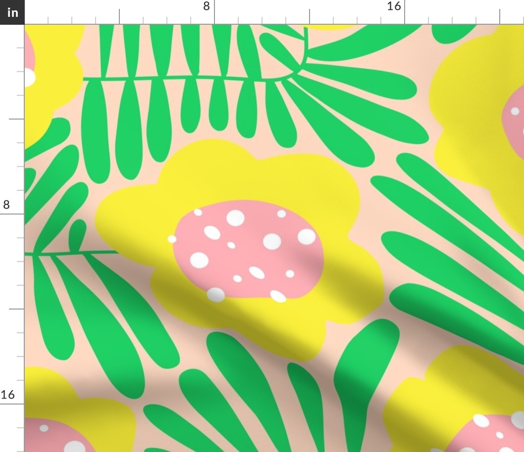 Climbing Flowers V4: Pastel Sunshine Abstract Retro Floral Flower Power in Yellow, Pink and Green - XL