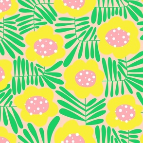 Climbing Flowers V4: Pastel Sunshine Abstract Retro Floral Flower Power in Yellow, Pink and Green - Large