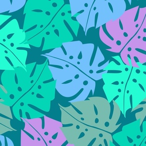 Playful Monstera Leaves Large  - Teal