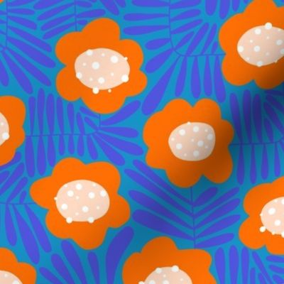 Climbing Flowers V3: Abstract Retro Floral Flower Power in Blue and Orange - Medium