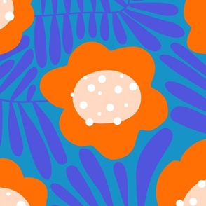 Climbing Flowers V3: Abstract Retro Floral Flower Power in Blue and Orange - XL