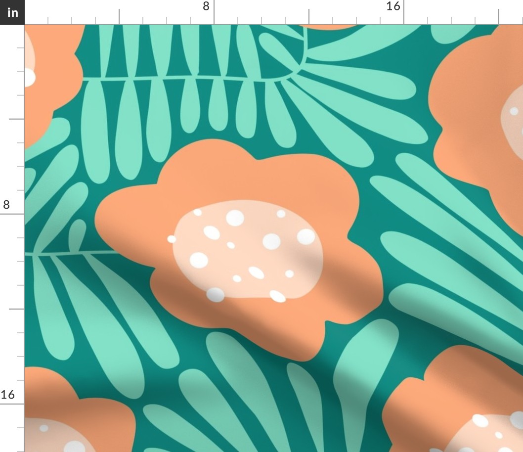 Climbing Flowers V6: Modern Abstract Jumbo Flower Power in Mint and Peach - XL