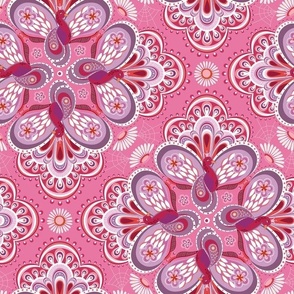 Busy statement print of decorative paisley peacocks in floral medallions with feminine color palette - large scale