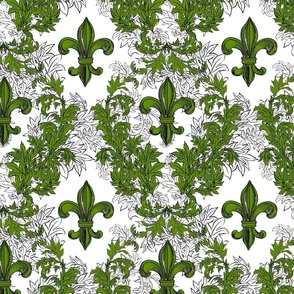 Green Acanthus Fleur de Lis on White Background with black line 50percent 5in 300dpi