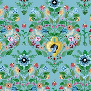 Folk art style graphical floral damask with birds , bird houses - quirky and graphical - mid size 