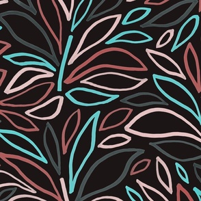 Bold abstract tropical leaves aqua roeswood black
